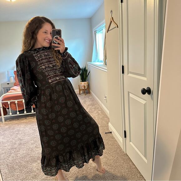 Sea New York Black Blue Embroidered Smocked Maxi Dress S/M - Picture 3 of 14